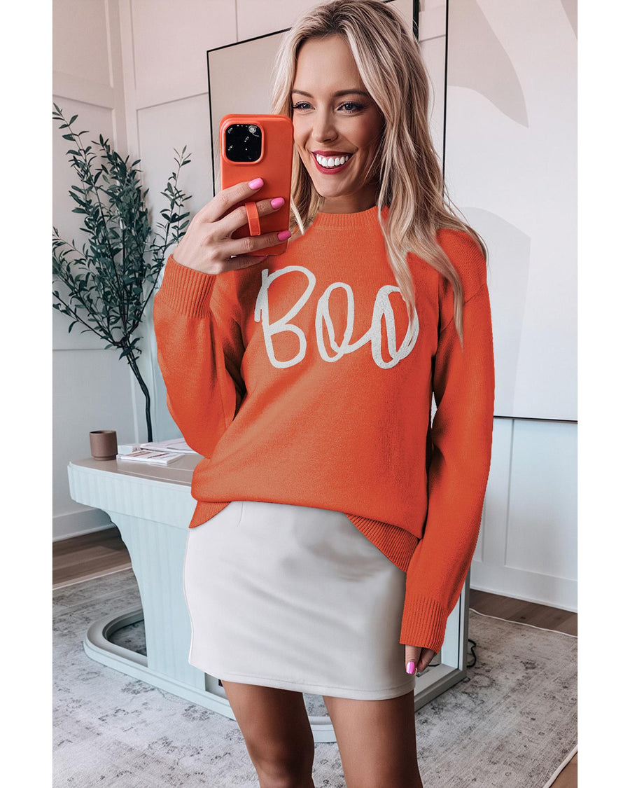 Orange Boo Knitted Pattern Ribbed Edge Drop Shoulder Sweater - M