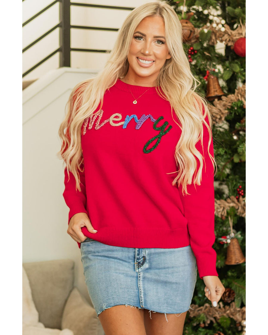 Fiery Red Tinsel Merry Letter Drop Shoulder Baggy Sweater - S