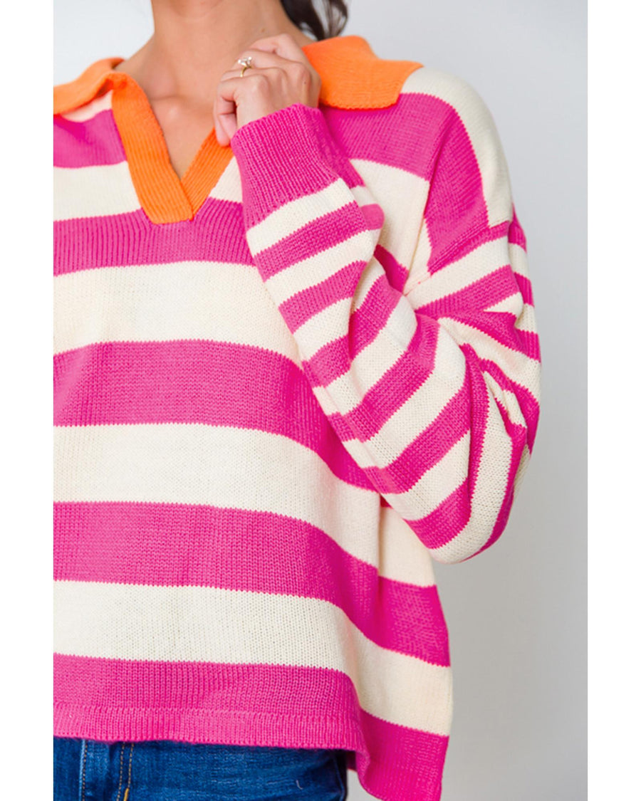 Rose Stripe Color Block Collared V Neck Drop Shoulder Sweater - XL