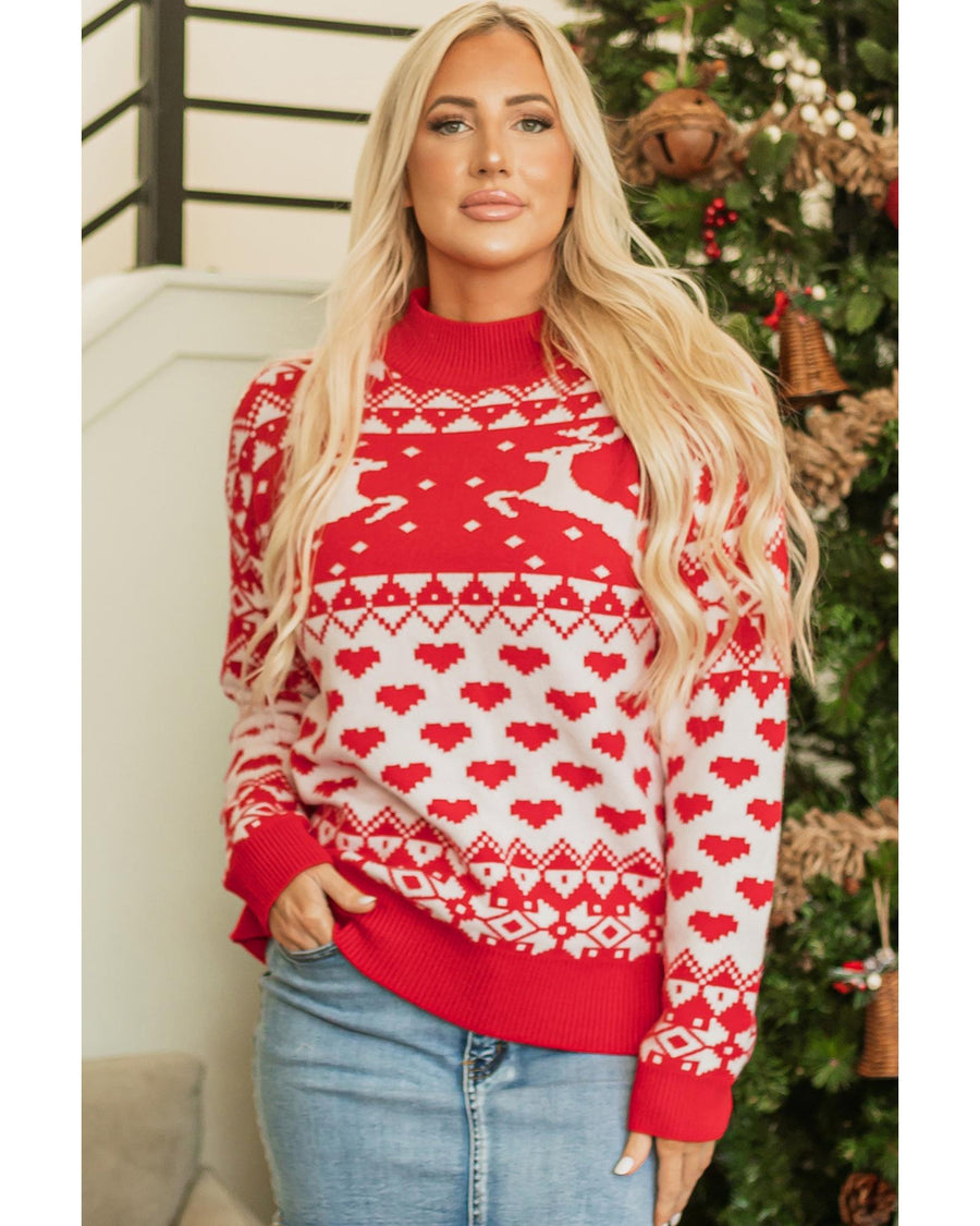 Fiery Red Merry Christmas Reindeer Heart Pattern High Neck Sweater - L