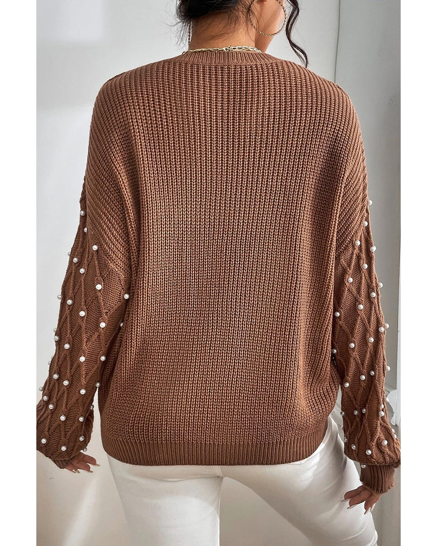 Chestnut Beaded Drop Shoulder Round Neck Sweater - S