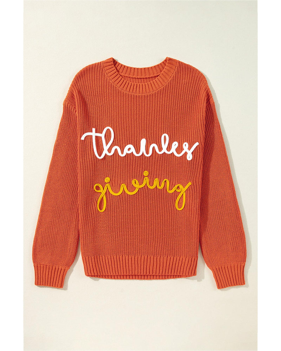Gold Flame Thanks Giving Letter Graphic Crew Neck Sweater - M