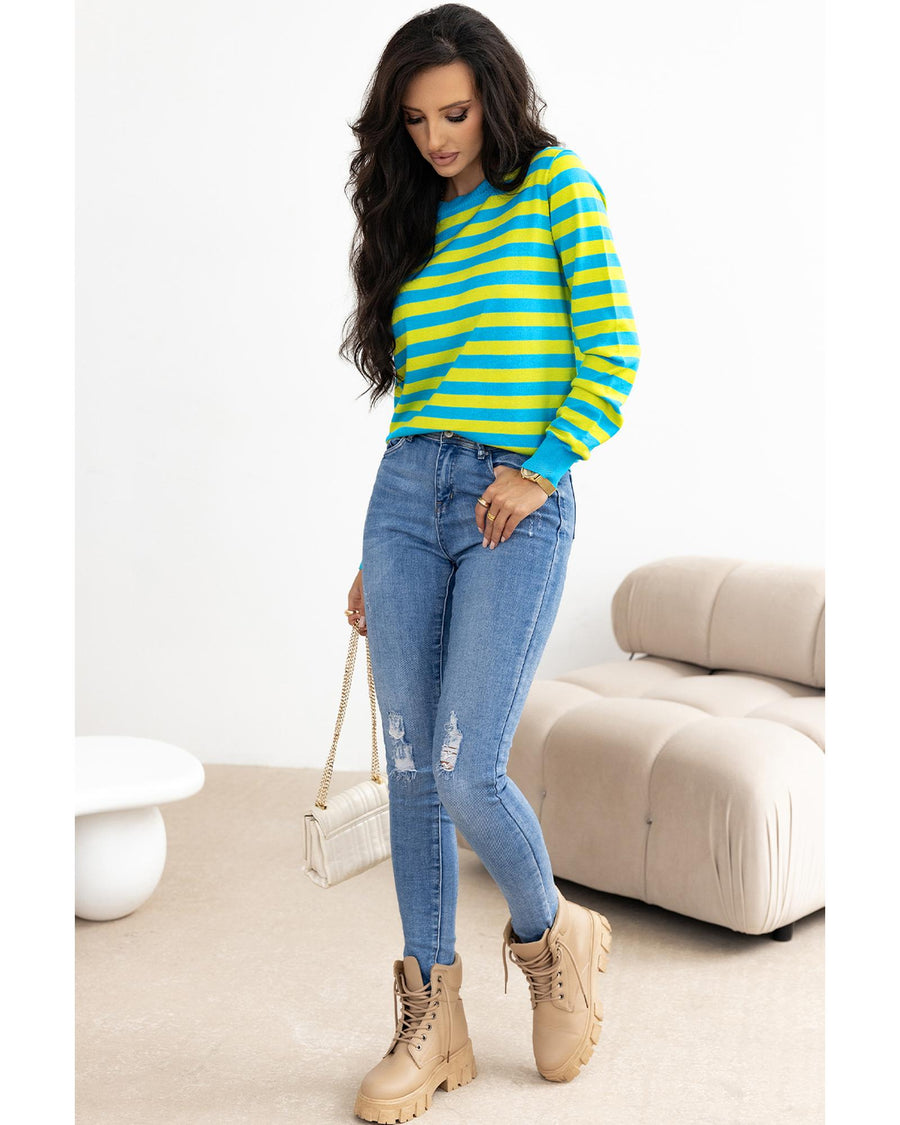 Green Stripe Crew Neck Drop Shoulder Casual Sweater - XL
