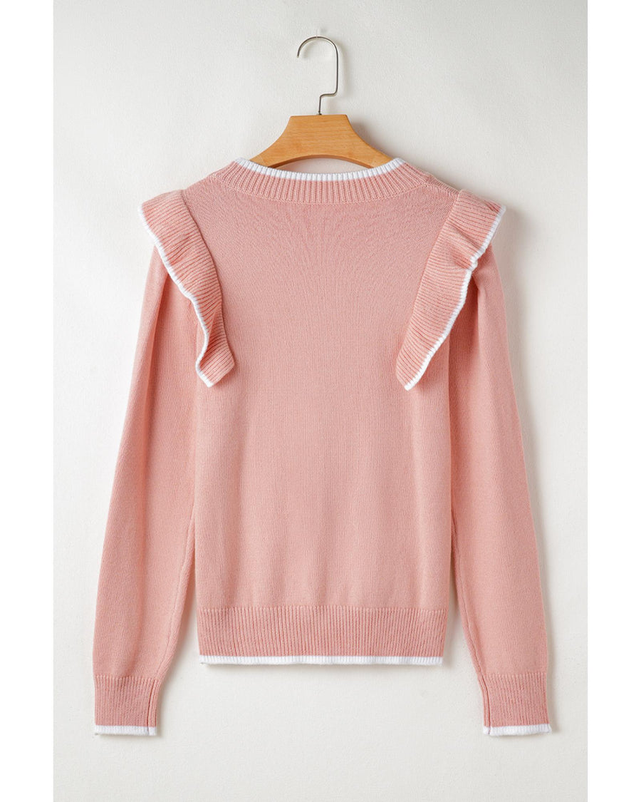 Light Pink Ruffled Bowknot Ribbed Trim Long Sleeve Sweater - S