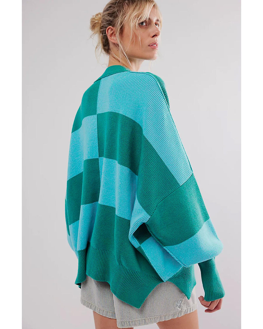 Green Checkered Side Slits Drop Shoulder Oversized Sweater - XL
