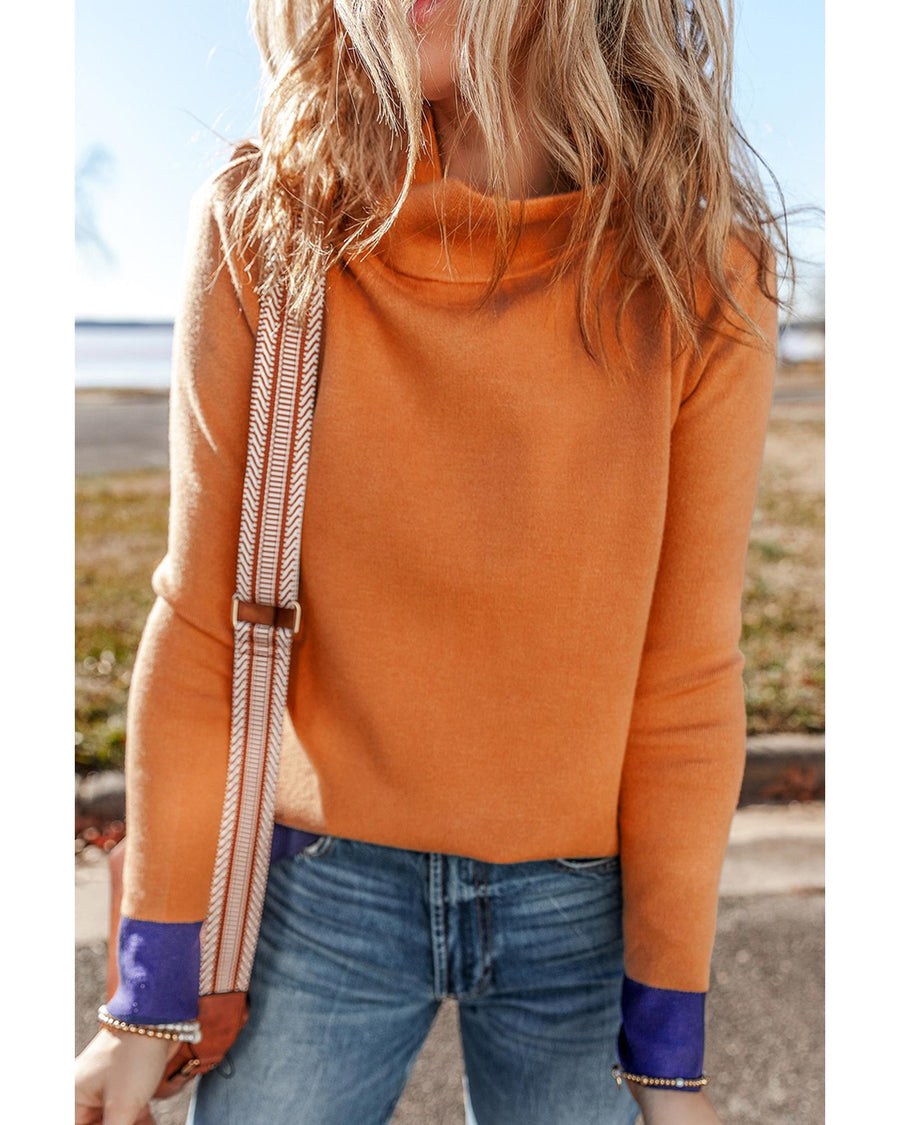 Straw Yellow Color Contrast Edge Mock Neck Slim Fit Sweater - M