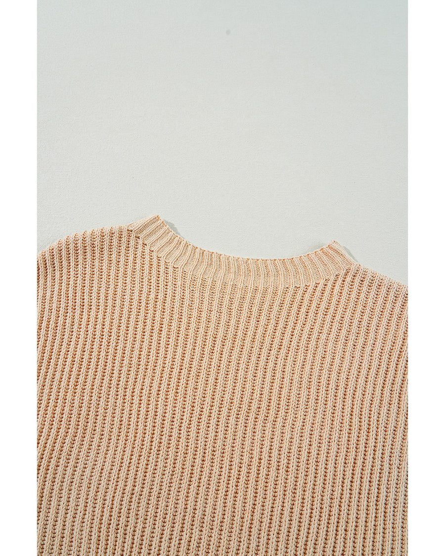 Apricot Cable Knit Drop Shoulder Side Slits Loose Sweater - S