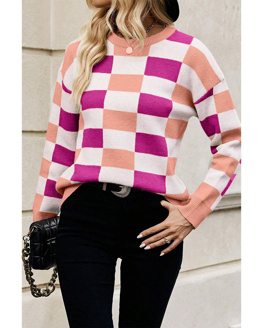 Pink Checkered Ribbed Edge O Neck Drop Shoulder Sweater - XL