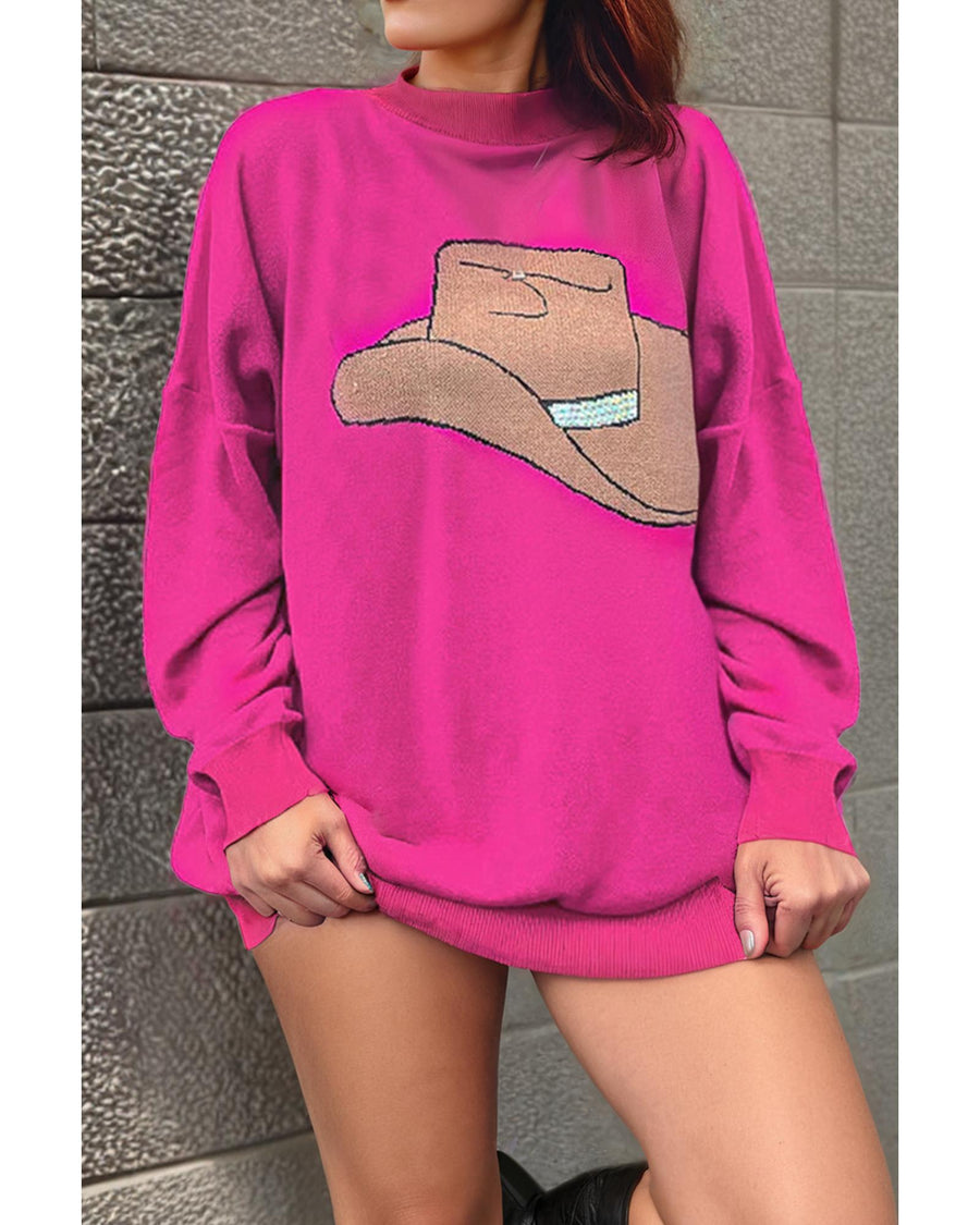 Rose Red YEEHAW Cowboy Hat Drop Shoulder Oversized Sweater - XL