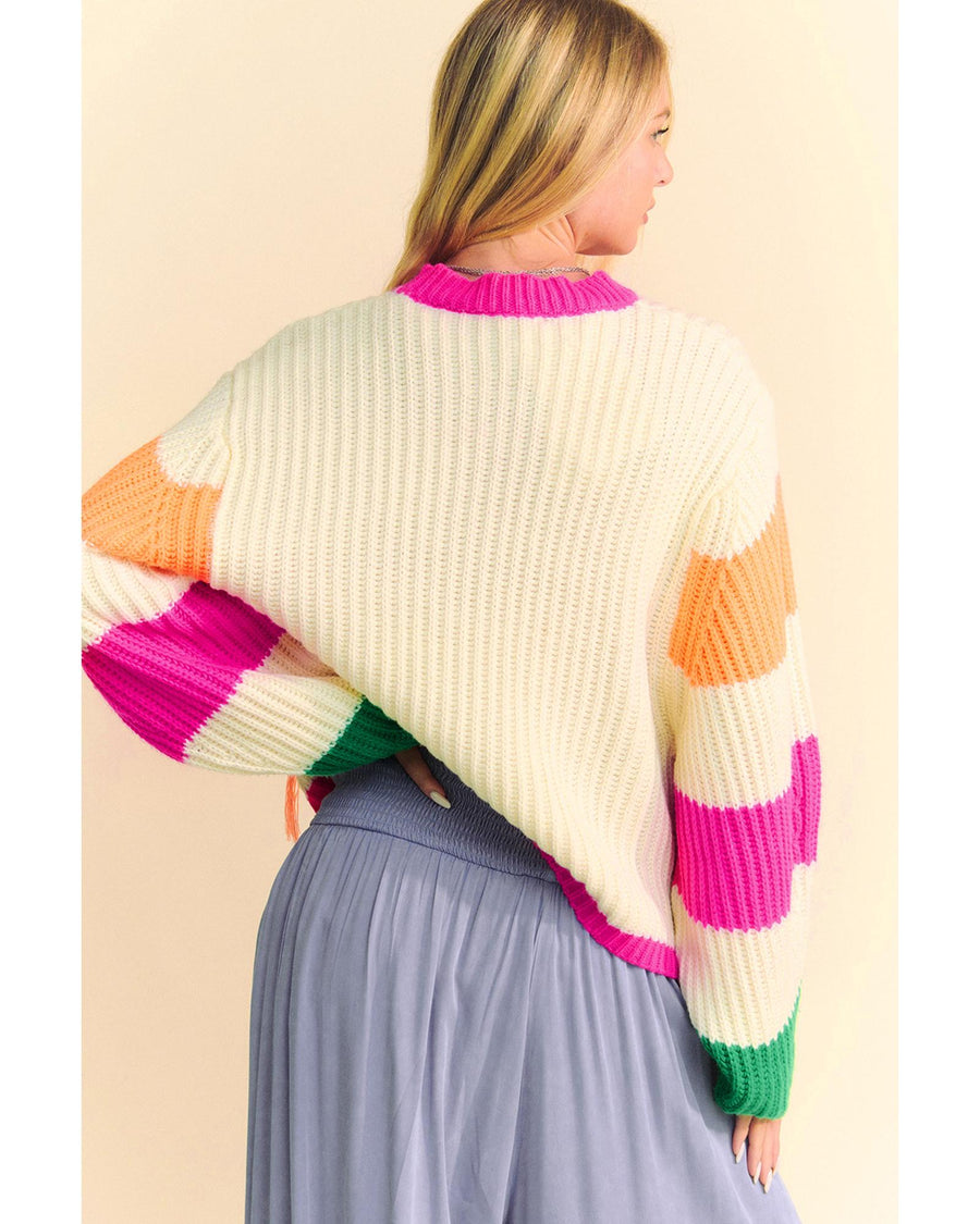 Beige Colorblock Flower Print Cable Knit Loose Sweater - L