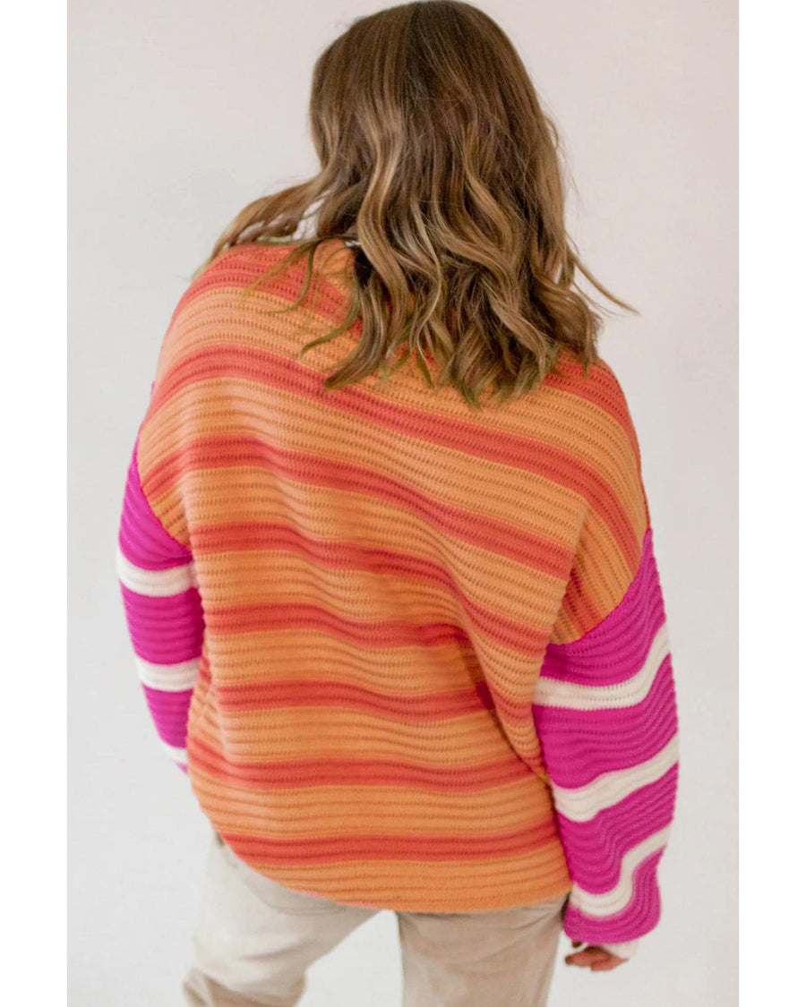 Orange Stripe Colorblock Crew Neck Drop Shoulder Loose Sweater - M