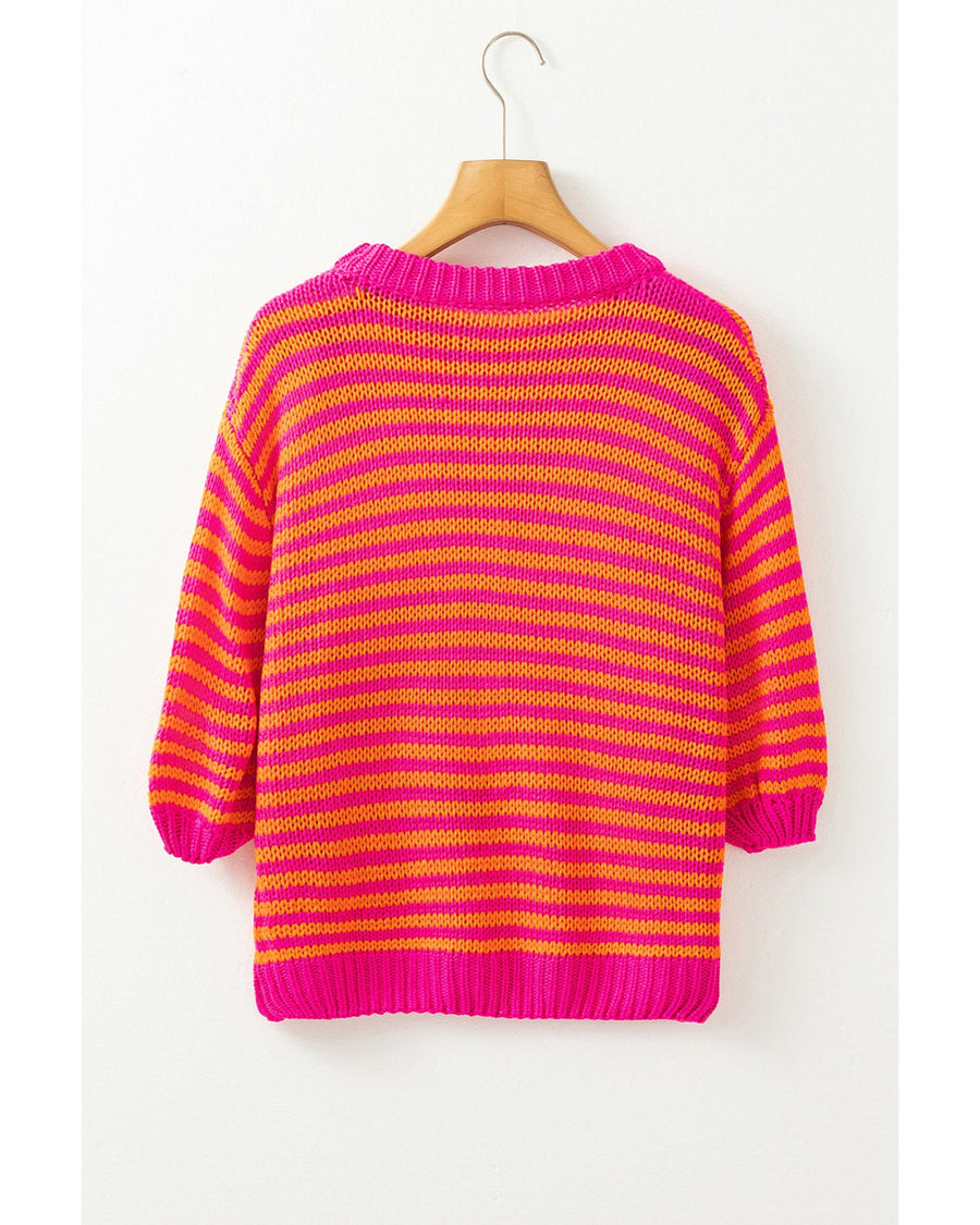 Rose Stripe 3/4 Puff Sleeve Drop Shoulder Sweater - L