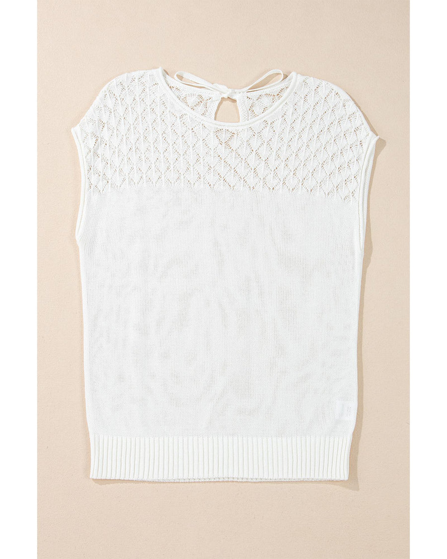 White Eyelet Knit Tied Back Short Sleeve Sweater - XL