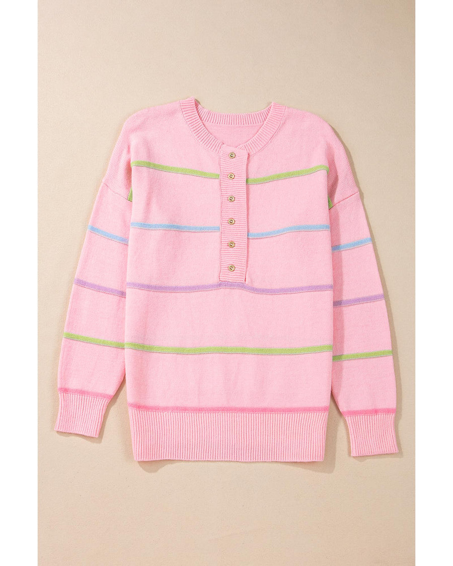 Pink Rainbow Stripes Drop Shoulder Baggy Henley Sweater - S