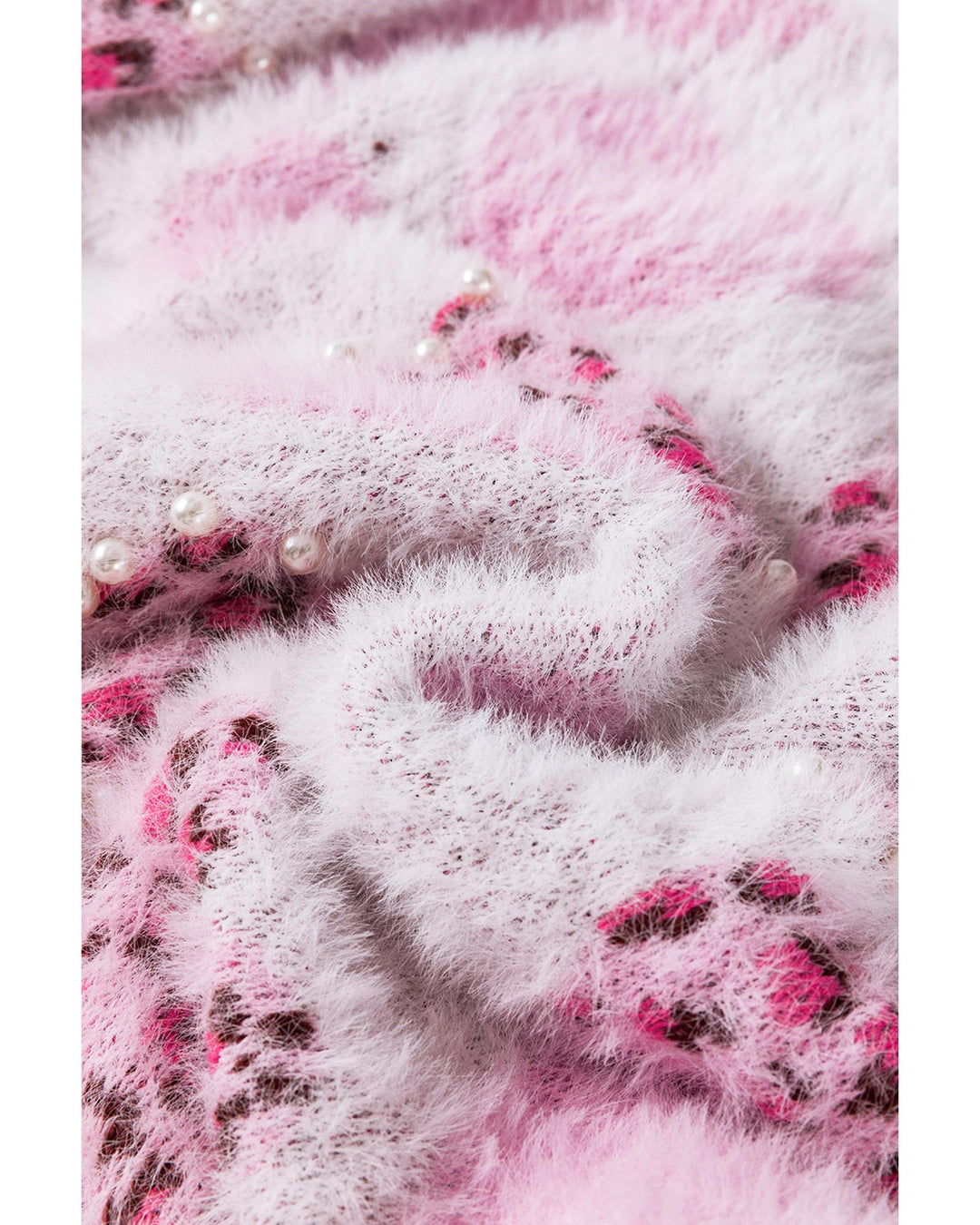 Pink Heart Leopard Print Pearled Ribbed Trim Fuzzy Sweater - L