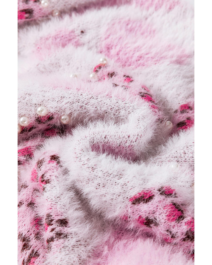 Pink Heart Leopard Print Pearled Ribbed Trim Fuzzy Sweater - S
