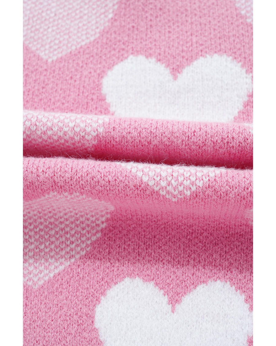 Pink Pearled Heart Print Valentines Crew Neck Sweater - L