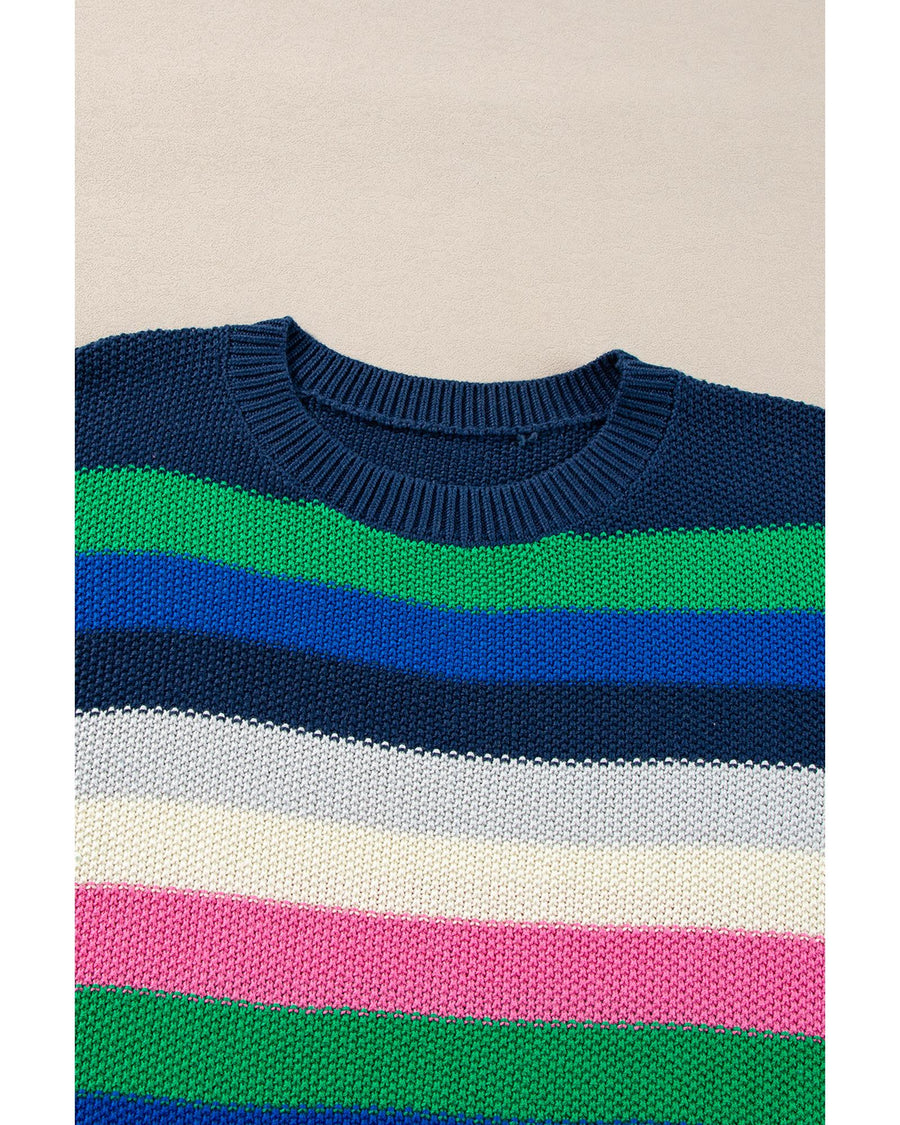 Bright Green Rainbow Striped Crew Neck Drop Shoulder Sweater - S