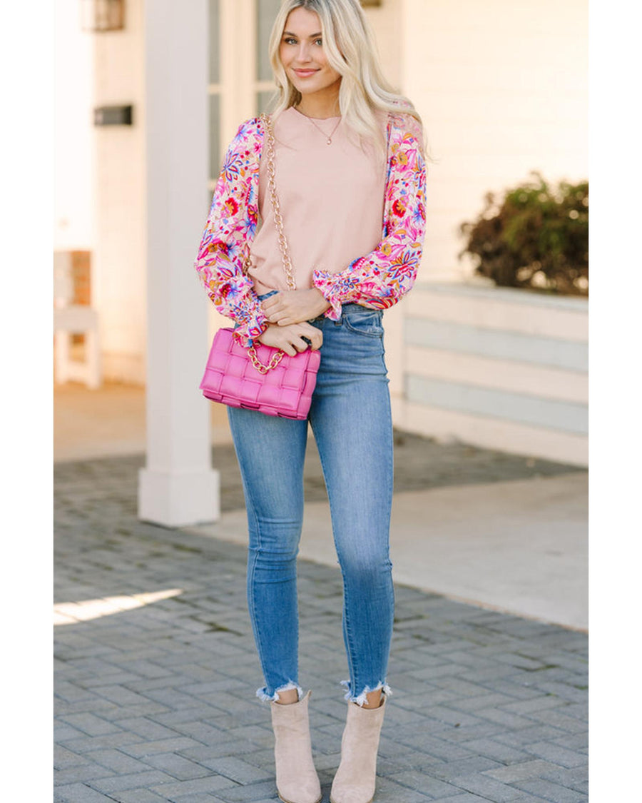 Oatmeal Floral Printed Patchwork Smocked Lantern Sleeve Knit Top - M