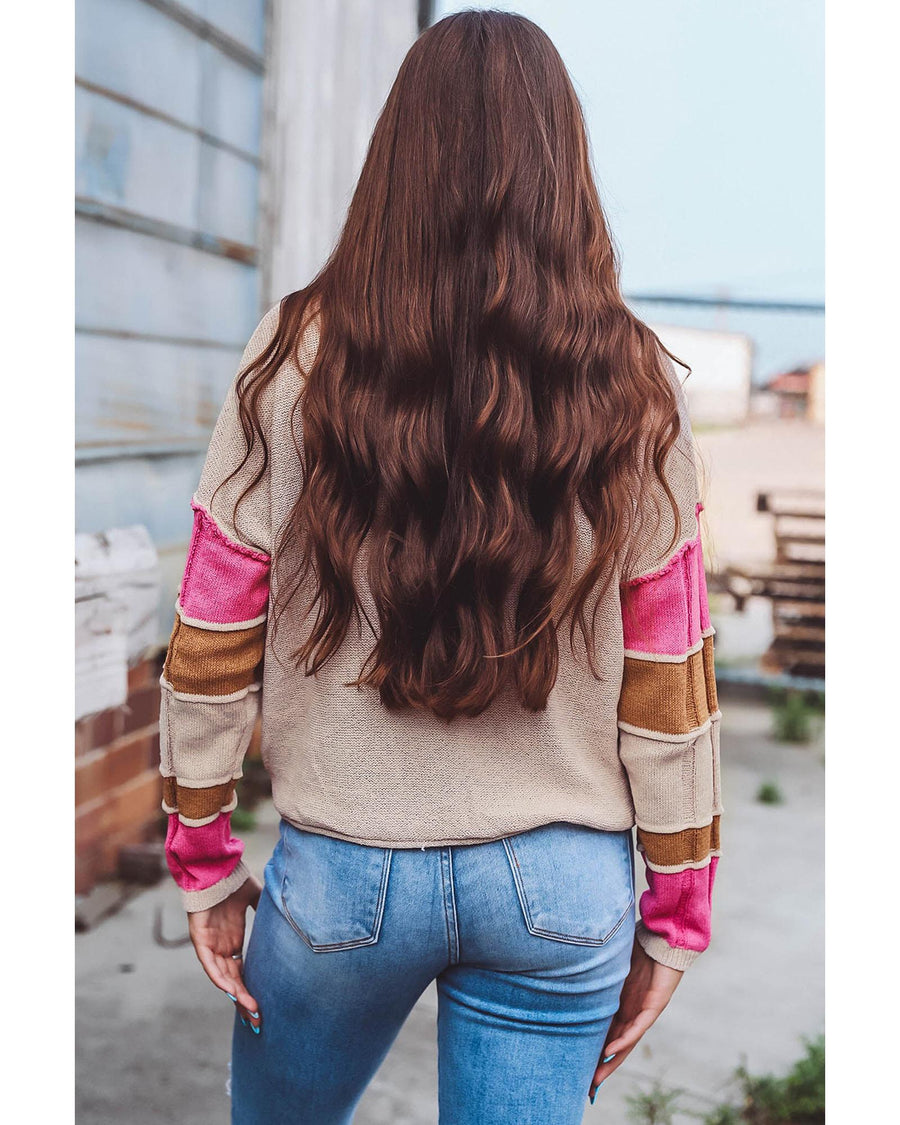 Simply Taupe Colorblock Exposed Seam Round Neck Sweater - M