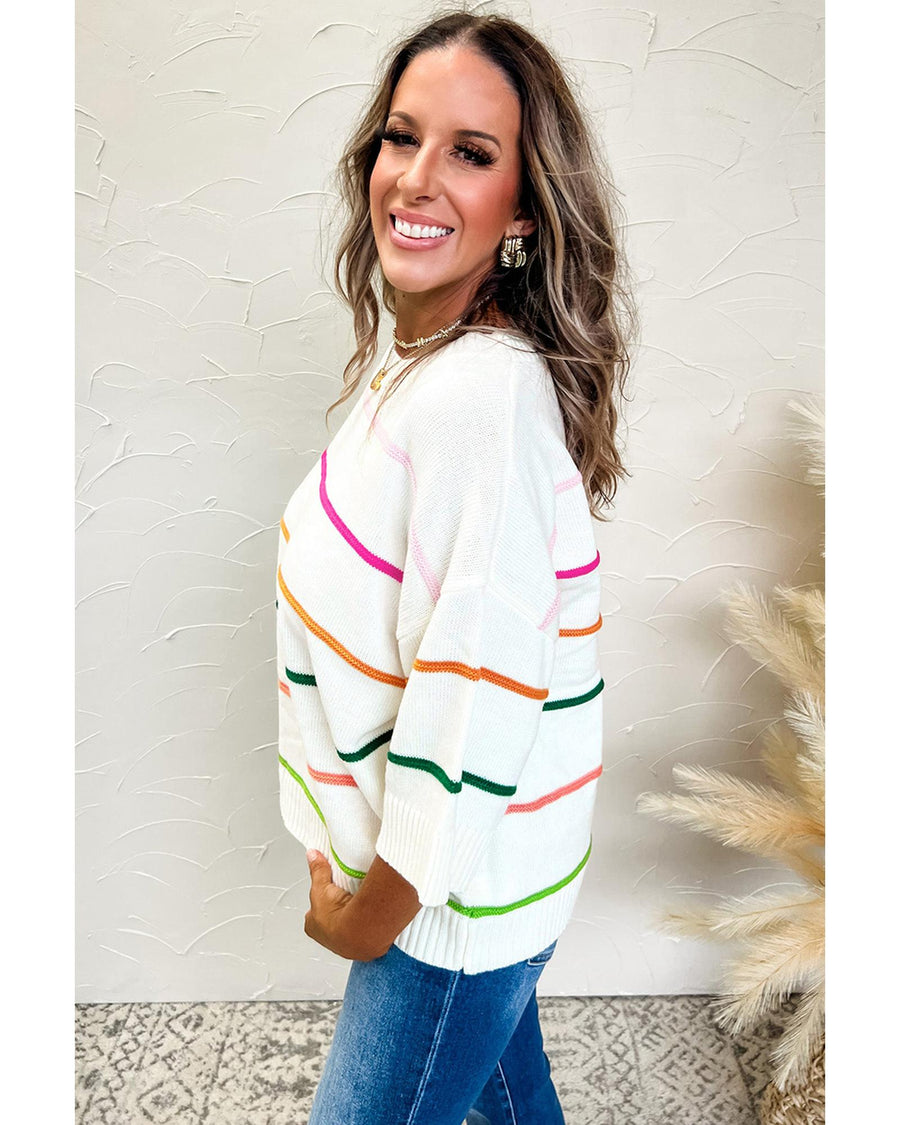White Colorblock Striped Half Sleeve Drop Shoulder Sweater - L
