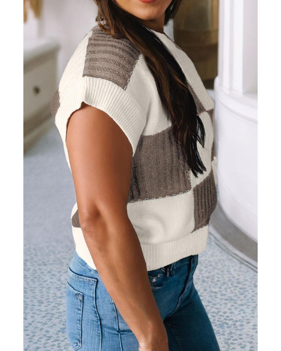 Khaki Checkered Color Block Crew Neck Short Sleeve Sweater - L