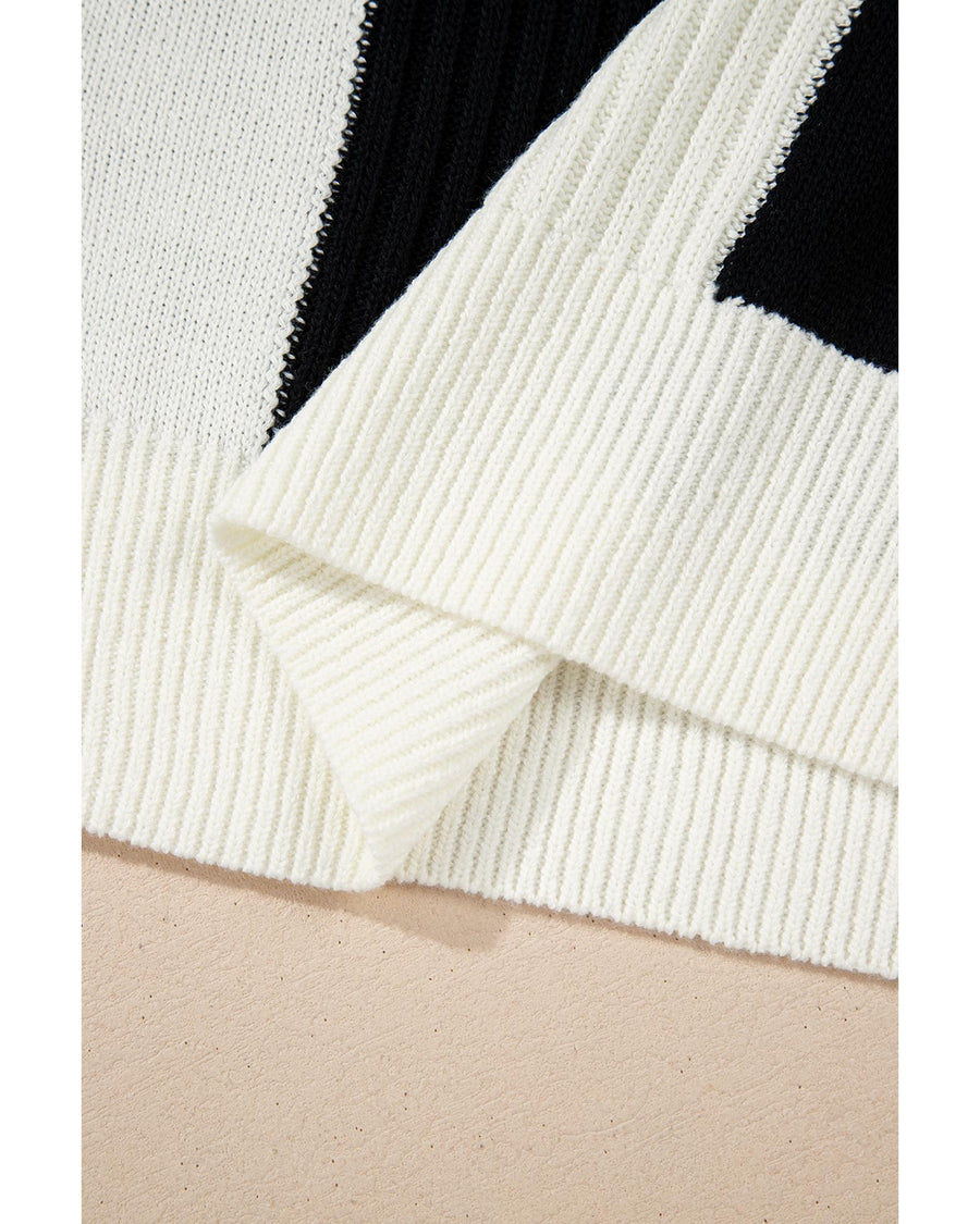 Black Checkered Color Block Crew Neck Short Sleeve Sweater - M