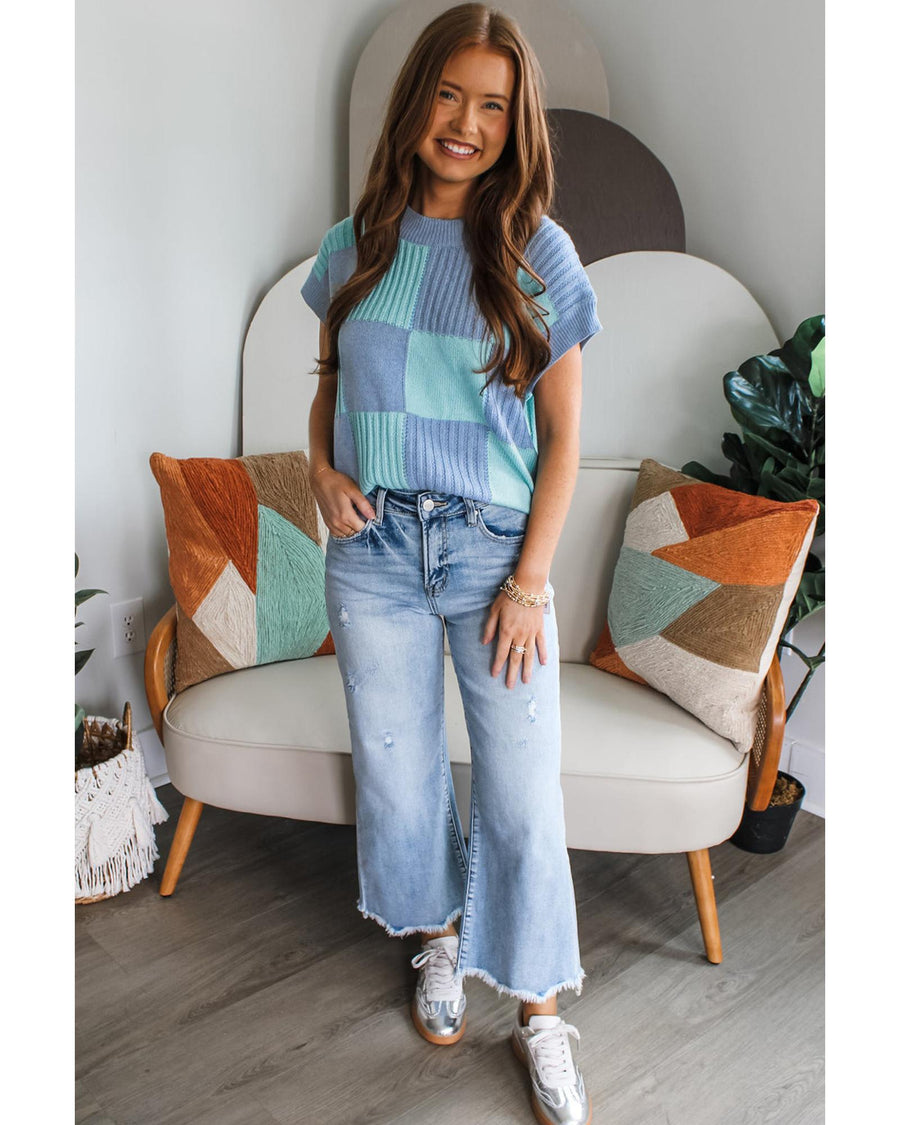 Light Blue Checkered Color Block Crew Neck Short Sleeve Sweater - L