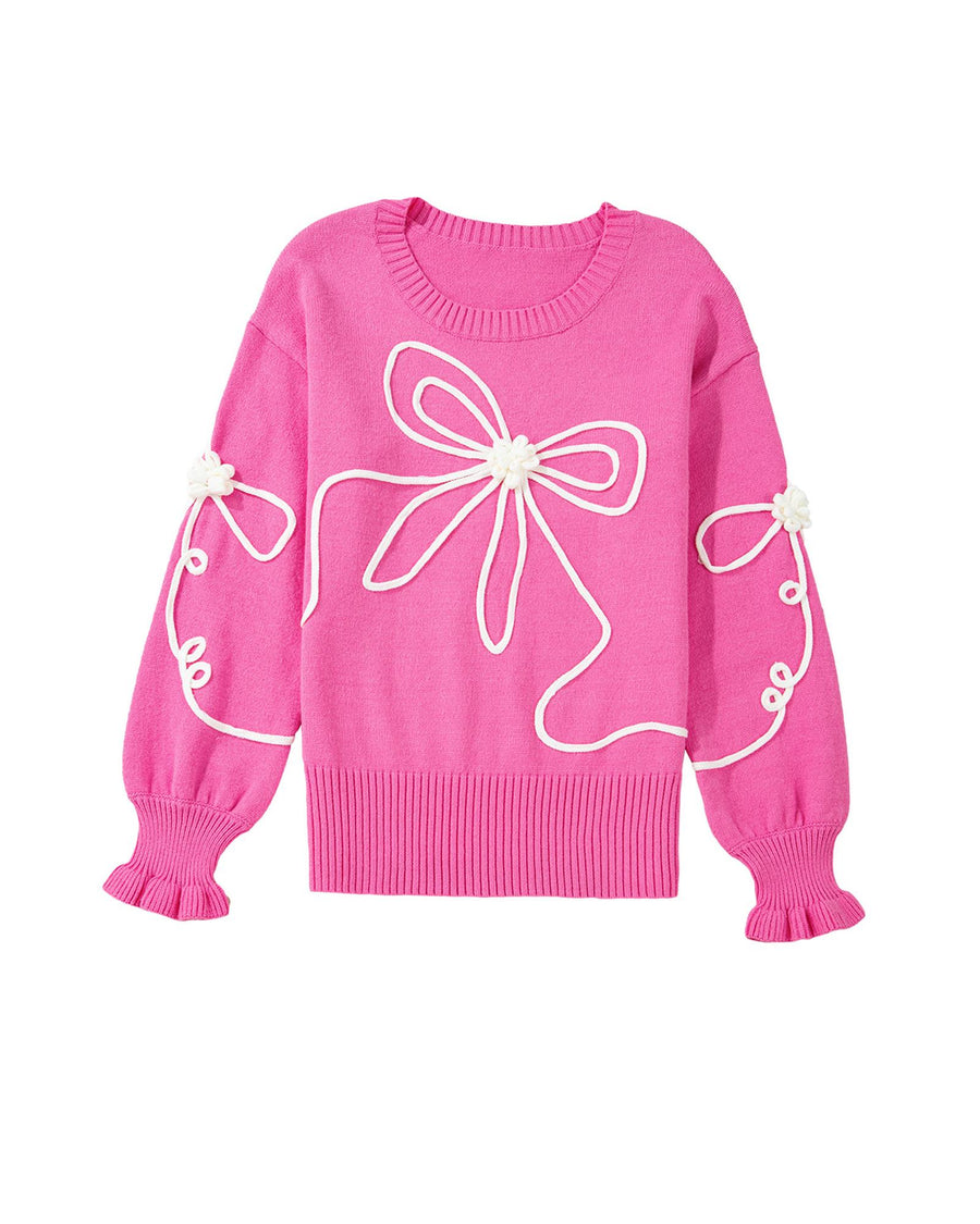 Bright Pink Corded Flower Bow Ribbed Trim Casual Sweater - XL