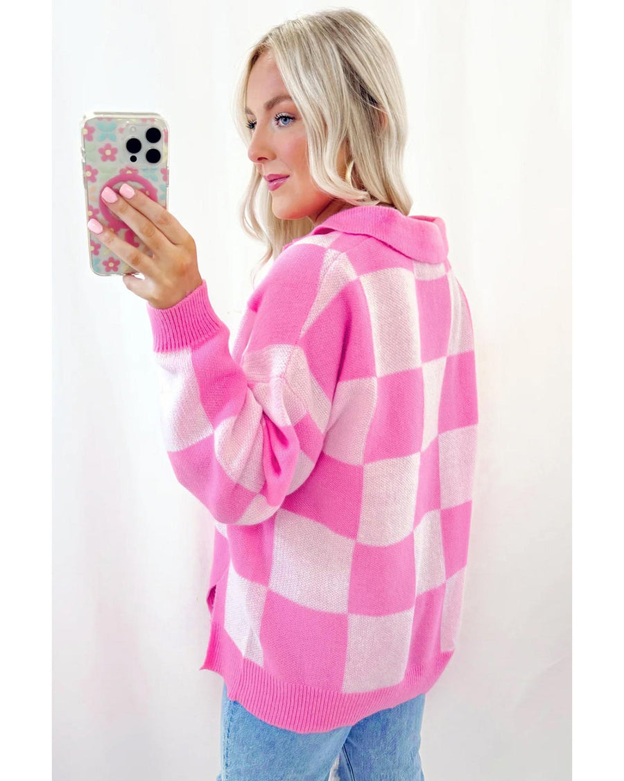 Pink Checkerboard Half Button Collared Drop Shoulder Sweater - S