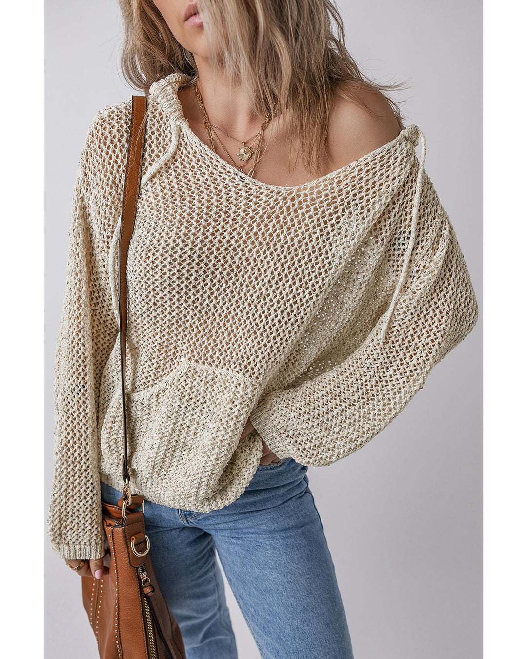 Jet Stream Hollow-out Kangaroo Pocket V Neck Hooded Sweater - M