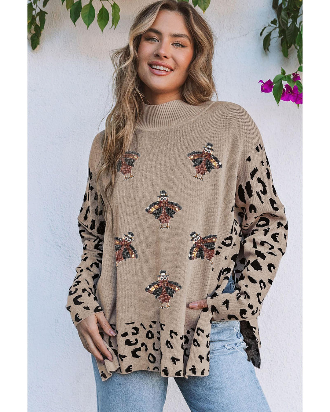 Khaki Sequin Turkey Leopard Mixed Pattern High Neck Sweater with Slits - S