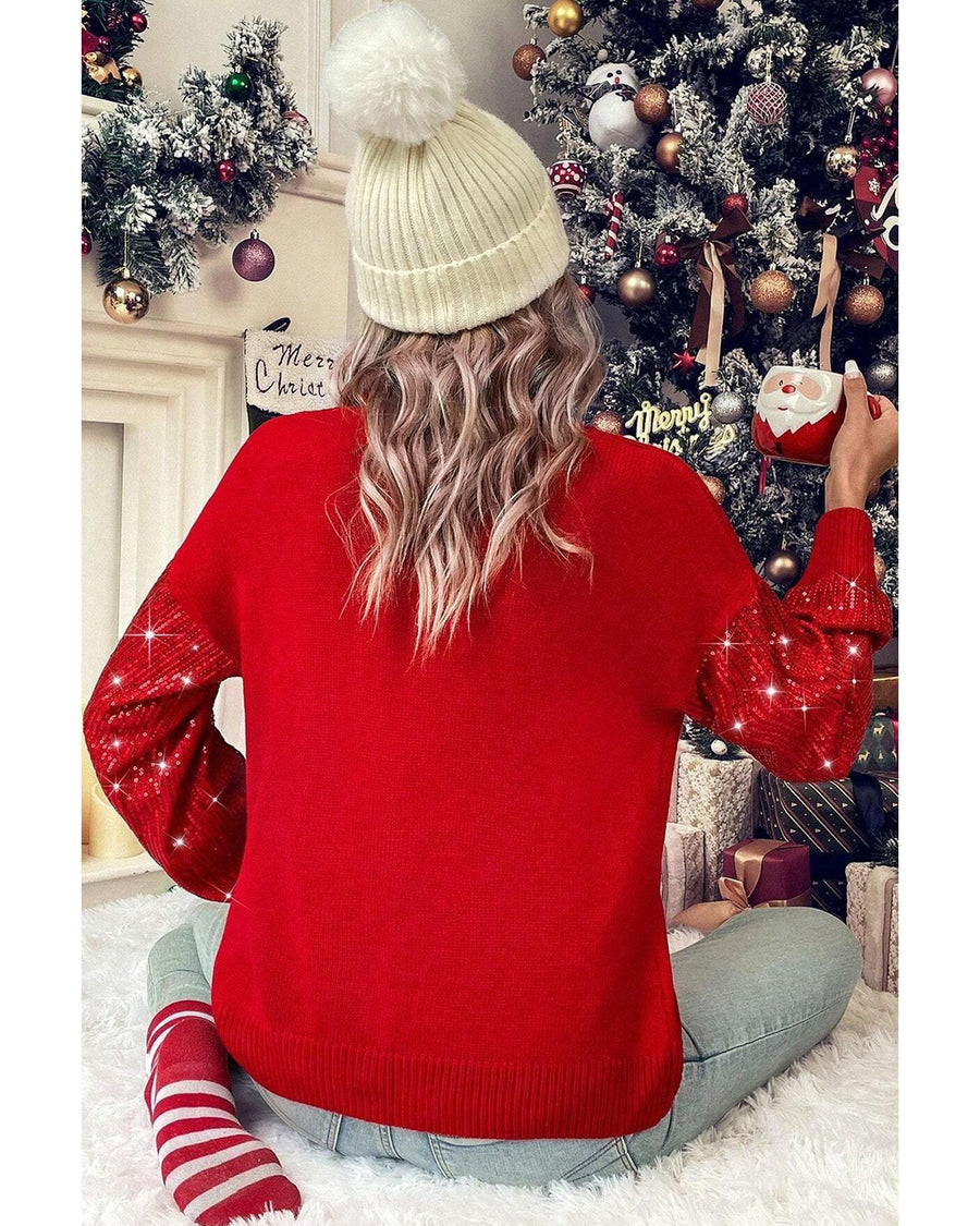 Racing Red Merry Graphic Sequin Sleeves Christmas Turtleneck Sweater - XL