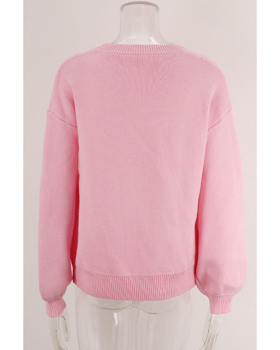 Pink Bow Graphic Drop Shoulder Round Neck Sweater - XL