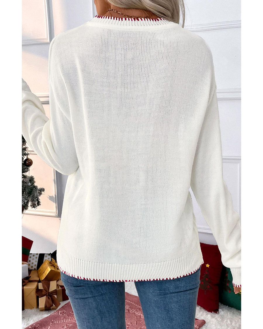 White Bow Pattern Contrast Trim Christmas Loose Graphic Sweater - L
