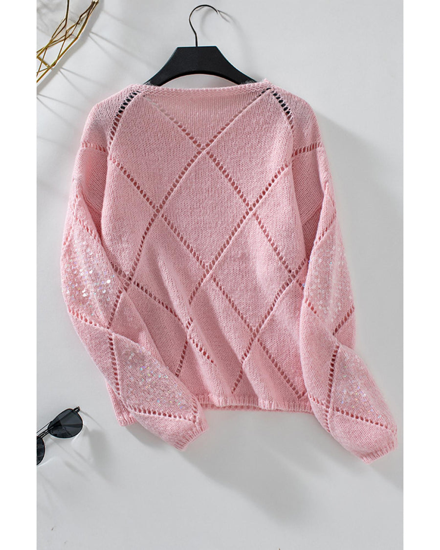 Light Pink Hollowed Rhombus Pattern Sequin Detail Round Neck Sweater - L