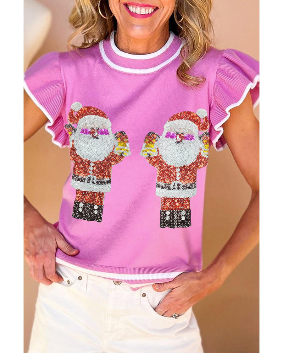 Bonbon Sequin Father Christmas Ruffled Sleeve Sweater T Shirt - L