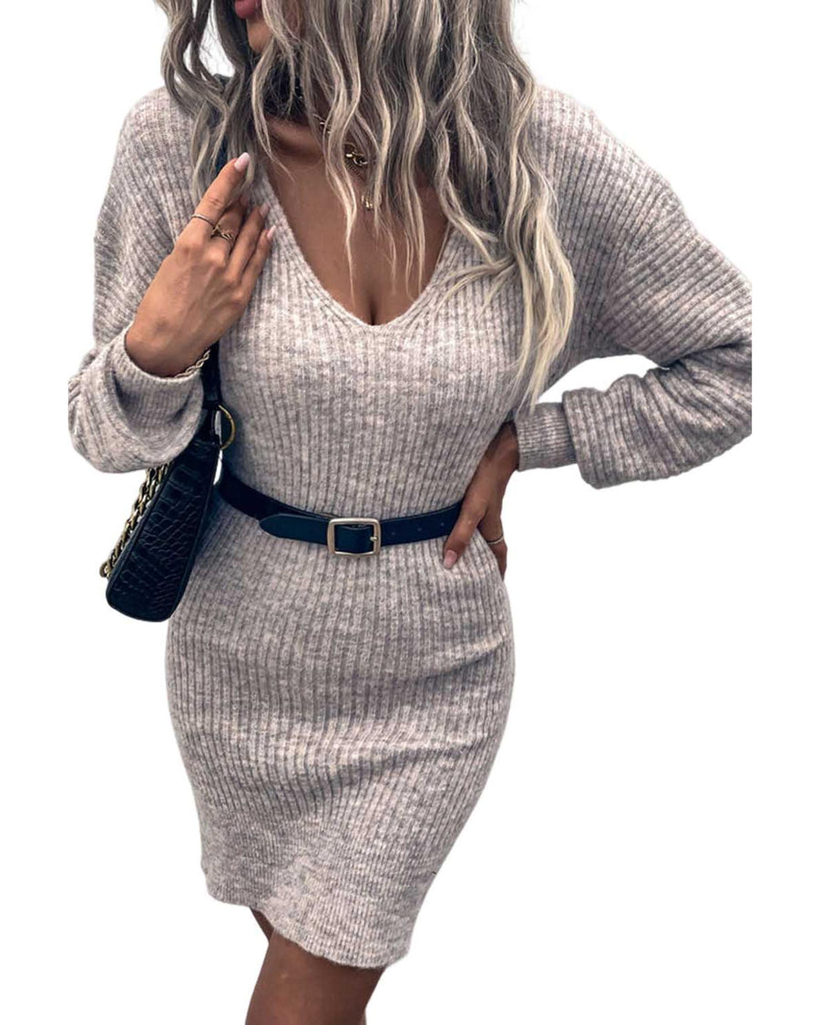 Gray V Neck Bodycon Sweater Dress - L