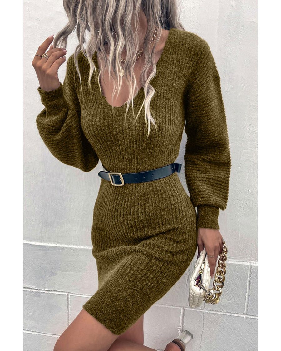 Green V Neck Bodycon Sweater Dress - L