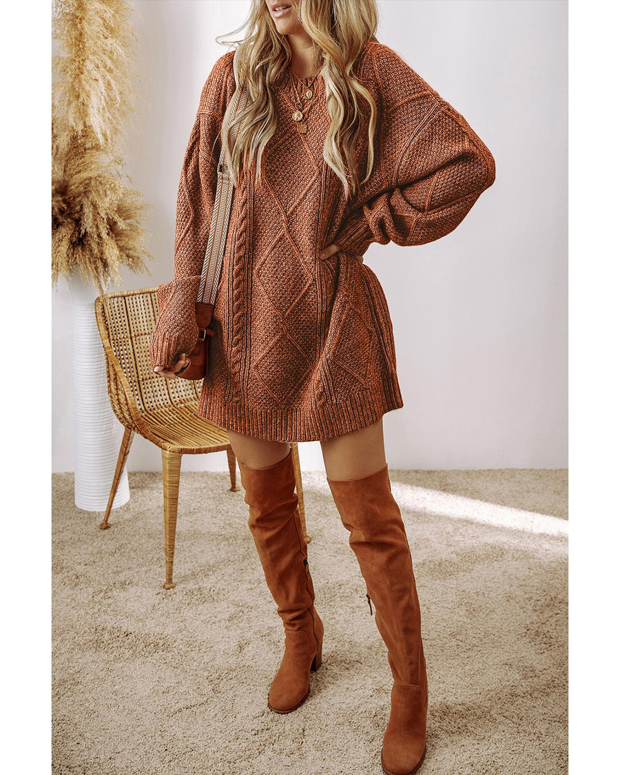 Coffee Cable Knit Drop Shoulder Loose Fit Sweater Dress - L