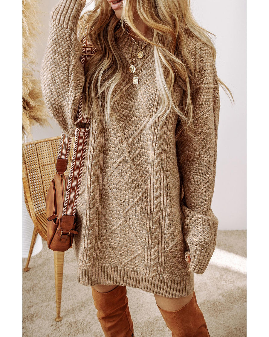 Parchment Cable Knit Drop Shoulder Loose Fit Sweater Dress - L