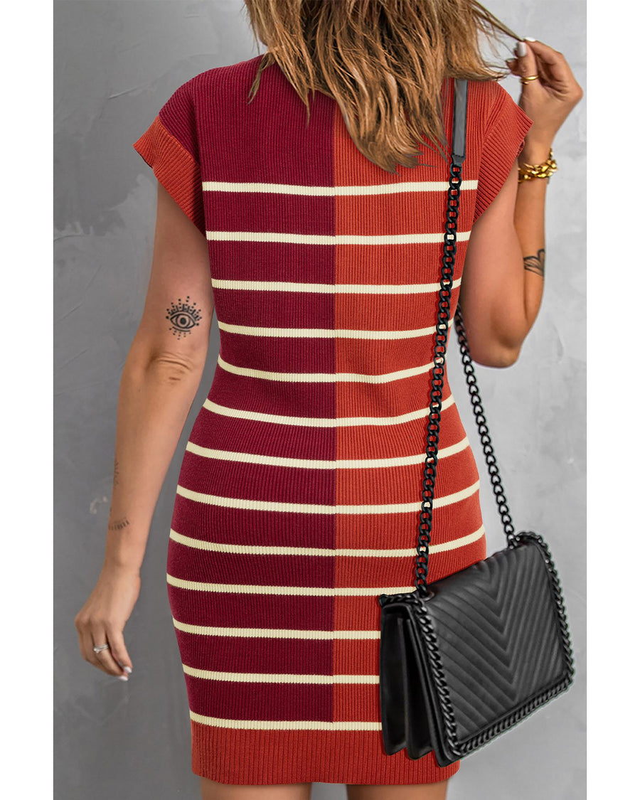 Brown Stripe Color Block Quarter Zip Collar Short Sleeve Sweater Dress - S