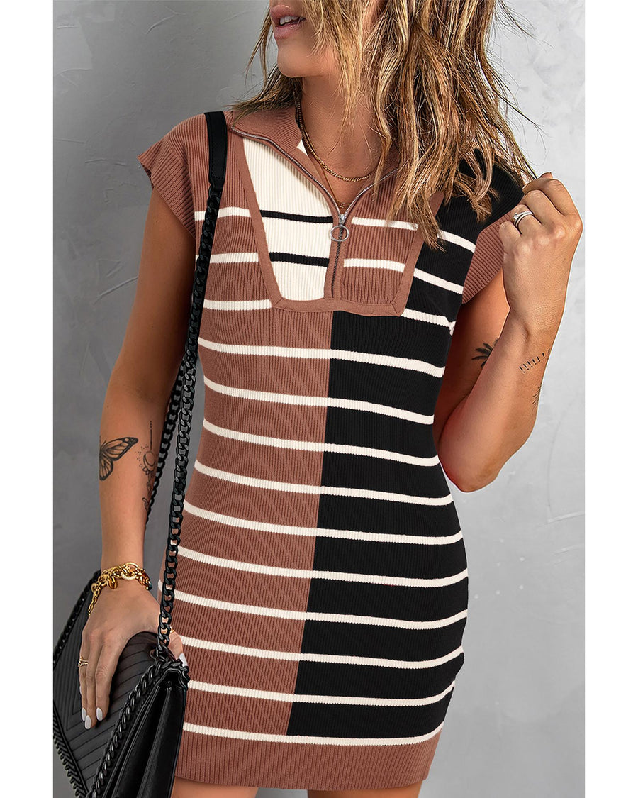 Black Stripe Color Block Quarter Zip Collar Short Sleeve Sweater Dress - XL