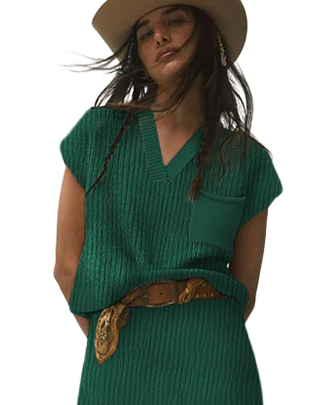 Blackish Green Chest Pocket V Neck Ribbed Cap Sleeve Sweater - M