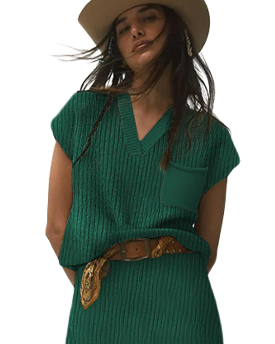 Blackish Green Chest Pocket V Neck Ribbed Cap Sleeve Sweater - M