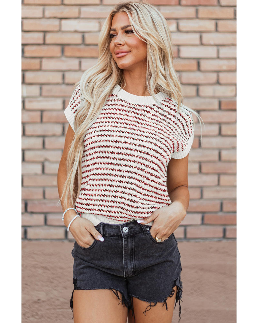 Red Stripe Ribbed Trim Loose Fit Knitted Sweater Vest - L