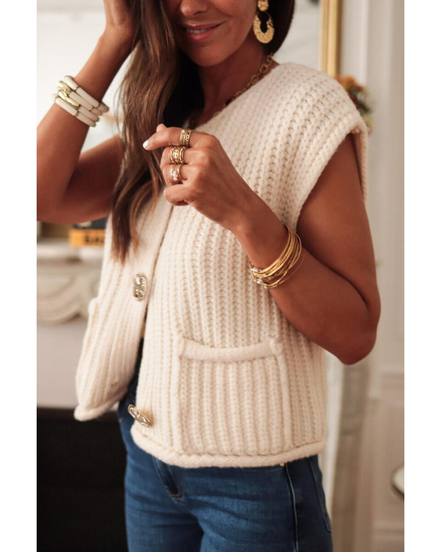 White Solid Textured Knit Side Pockets Buttoned Sweater Vest - XL