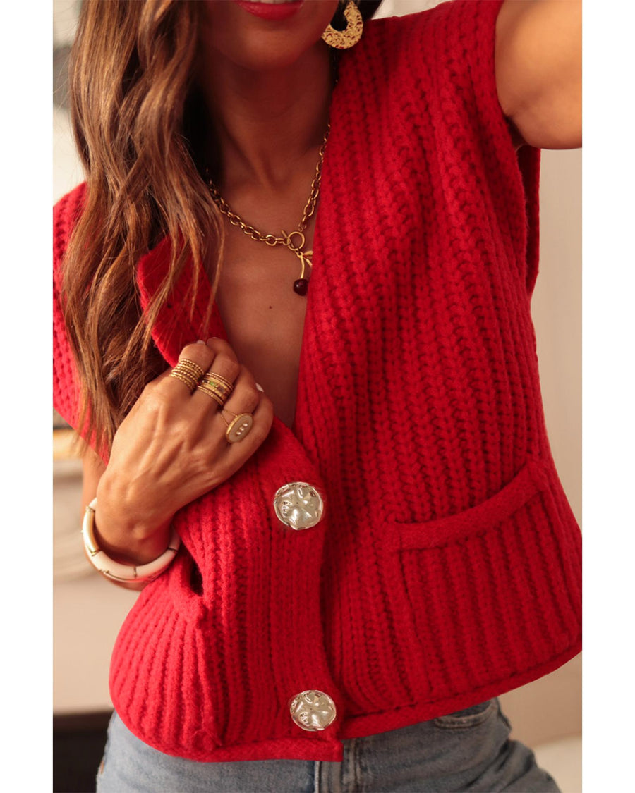 Fiery Red Solid Textured Knit Side Pockets Buttoned Sweater Vest - M