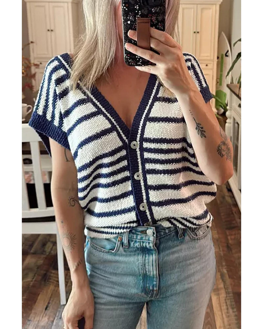 Blue Stripe Loose Buttoned V Neck Sweater Vest - XL