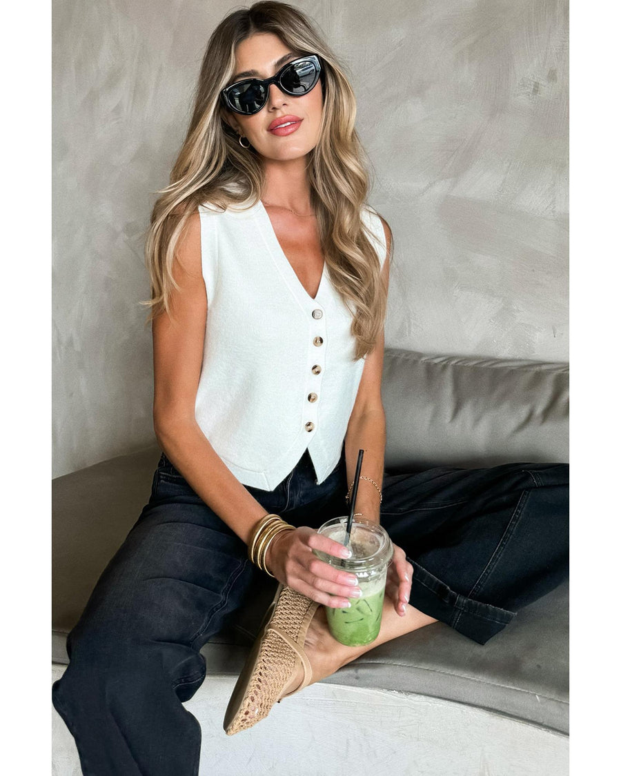 White V Neck Buttoned Sweater Vest - XL